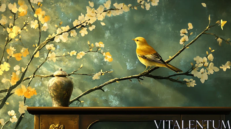 Golden songbird rests on blossom branch above antique urn.