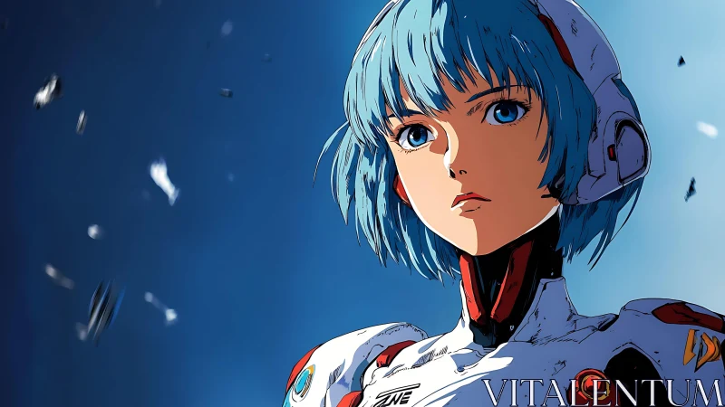 Blue haired anime pilot in white futuristic armor suit.