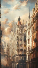 Sunlit neo-gothic avenue beneath drifting warm clouds.