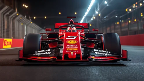 Red Formula 1 car storms illuminated night street circuit.