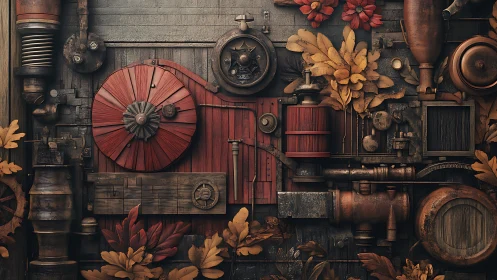 Rustic steampunk panel with red gears and autumn foliage.