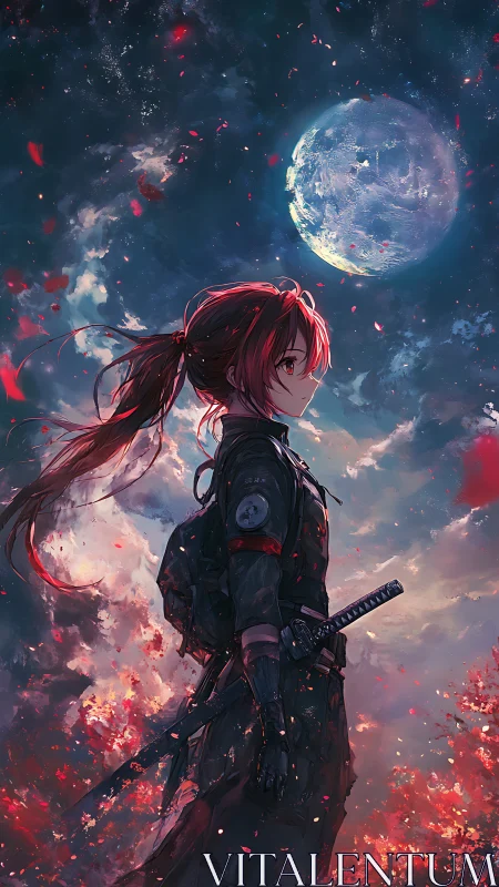 Red-haired anime warrior under glowing moonlit sky.