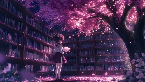 Under sakura light, schoolgirl reading in dreamlike library.