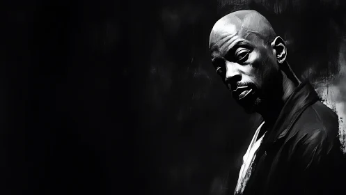 Monochrome side-lit portrait in dramatic chiaroscuro style.