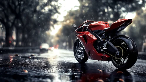 Red sport motorcycle stands on wet city street in rainfall