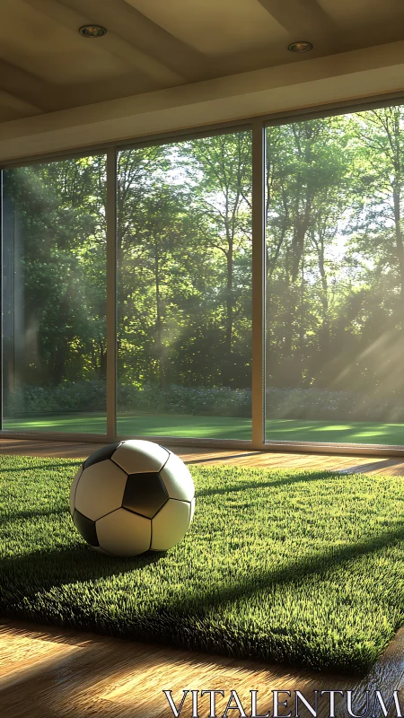 Soccer ball on indoor turf by sunlit glass wall.