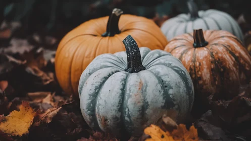 Muted autumn pumpkins resting on fallen dry leaves.