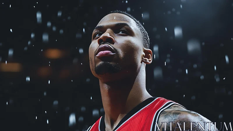 Focused basketball player stands under dramatic arena lights