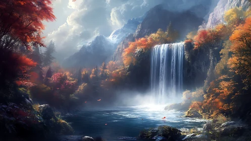 Mystic waterfall amid glowing autumn highland forestscape.