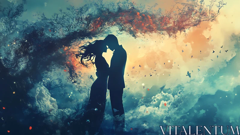 Silhouetted couple kisses amid luminous clouds and tree-form dissolution