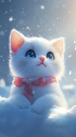 Snowy White Kitten Amid Winter Bokeh. Celestial Eyes.