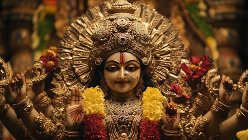 Golden goddess statue glowing with flowers and gentle grace.