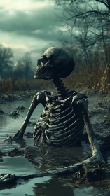 Weathered skeleton rising from muddy swamp at dusk.