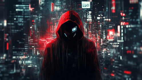 Hooded digital figure in red before dense cyber cityscape.