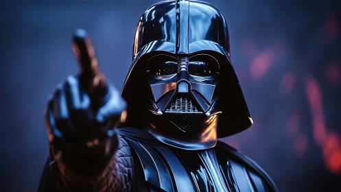 Armored sci‑fi figure points forward in glossy black helmet