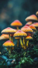 Luminous orange forest mushrooms with shallow depth of field.