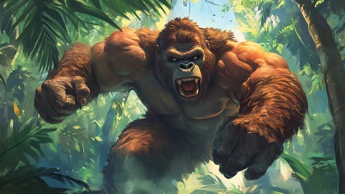 Mighty jungle gorilla charging through sunlit rainforest.