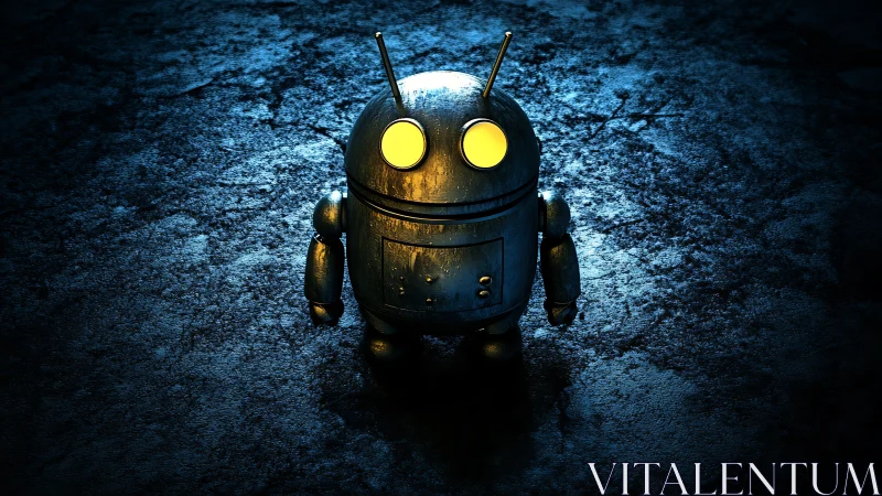 Luminous android robot rendered on wet metallic ground surface