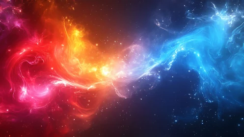 Cosmic red and blue nebulae colliding in luminous arc.