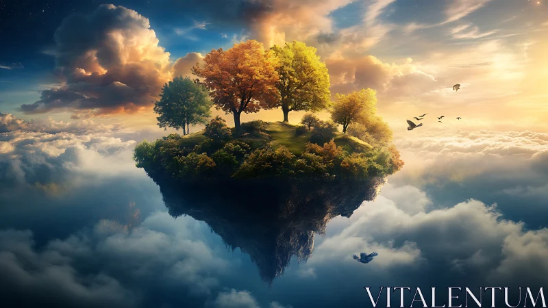 Floating Landmass with Autumn Canopy in Celestial Dreamscape.