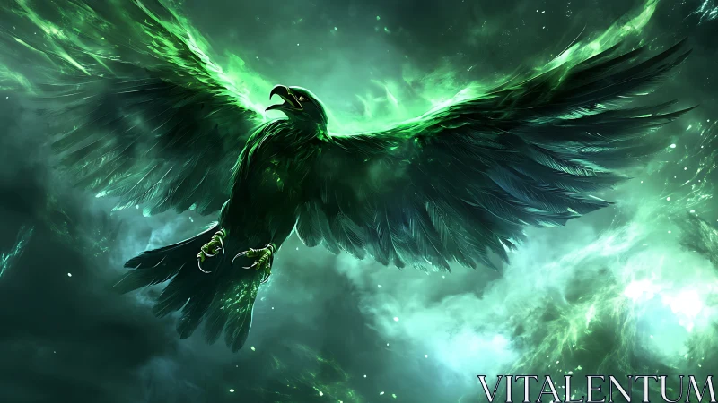 Majestic Green Phoenix in Luminescent Fantasy Sky Artwork.