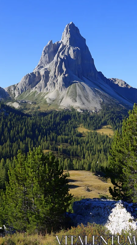 Lithified spire above coniferous basin under polarised sky.