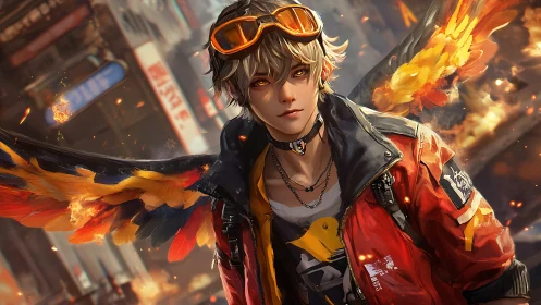 Urban winged boy in red jacket amid flying embers.