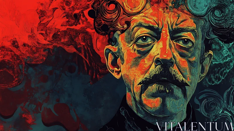 Portrait of older man in stylized red and teal palette.