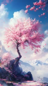Majestic cherry blossom tree crowning misty mountain pass.
