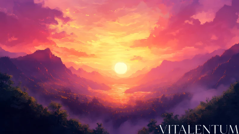 Sun over valley lake between silhouetted mountain ranges.