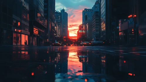 Neon-lit city street reflects blazing sunset after rain