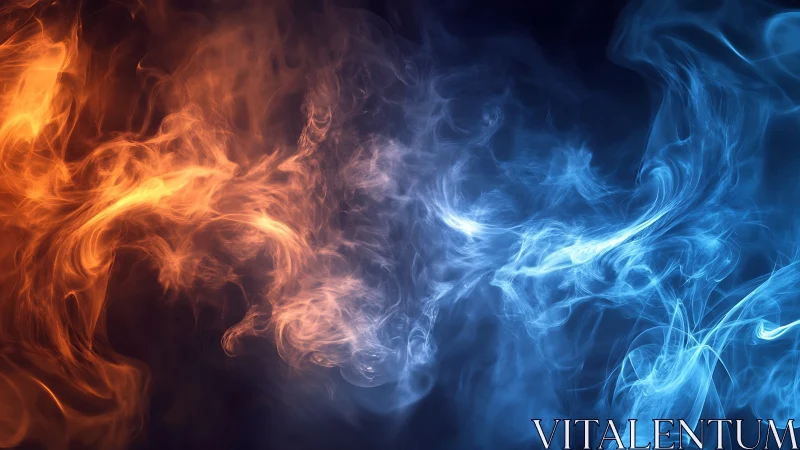 Orange and blue fire smoke collision creates dynamic contrast.