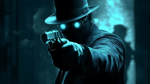 Masked gunman in glowing goggles aims pistol in alleyway.