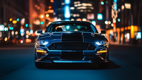 Nocturnal performance coupe under neon bokeh illumination.