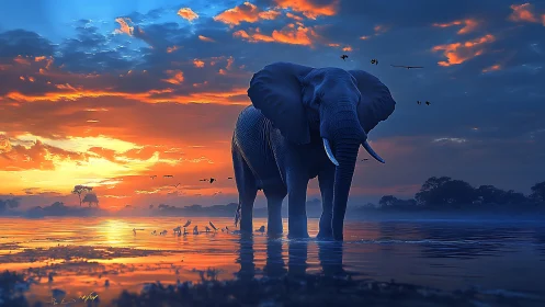 Elephant silhouetted in saturated blue-orange sunset waters.