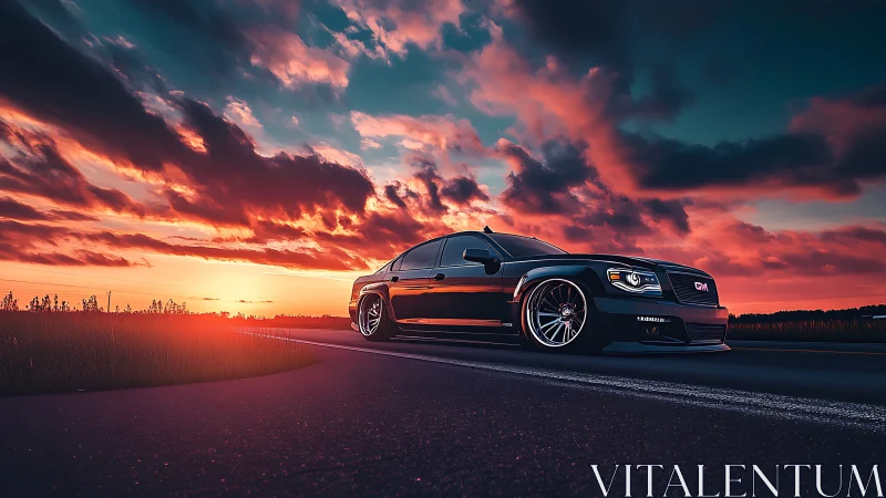 Lowered black sedan cuts through vivid sunset highway glow
