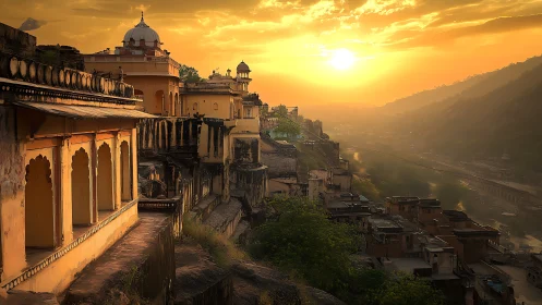 Golden dusk pours over hillside fortresses and quiet river