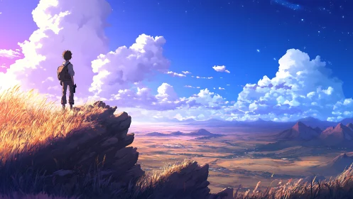 Quiet hilltop wanderer greeting an endless painted sky.