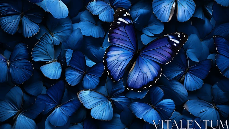 Blue butterfly cluster fills frame with central sharp focus