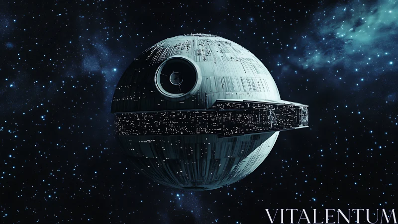 Massive spherical space station drifts alone in deep space.