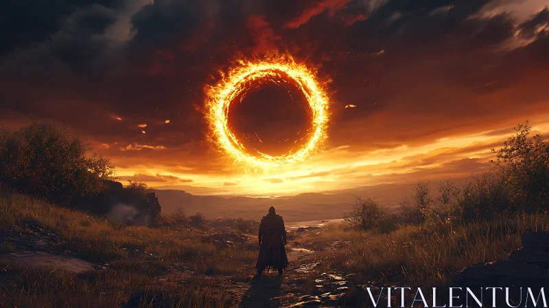 Lone wanderer confronts blazing celestial ring at sunset