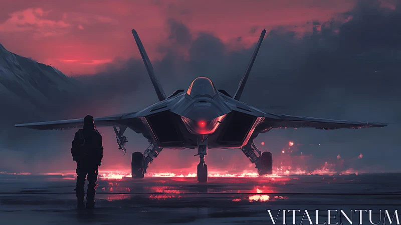 Jet silhouette at crimson dusk on molten runway.