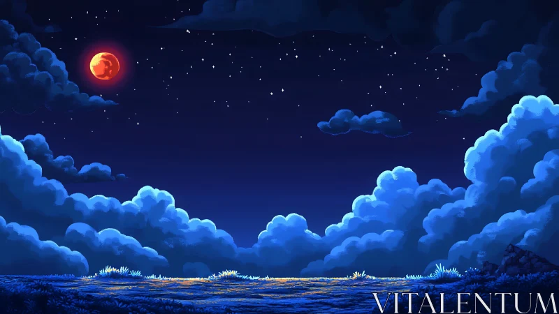 Crimson moonrise over dreamy pixel-lit midnight clouds.