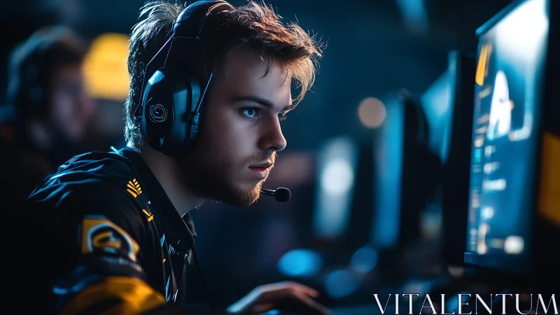 Esports competitor in focused mid-game session, RGB-lit setup