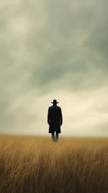 Lone wanderer in golden grass under soft stormy skies.