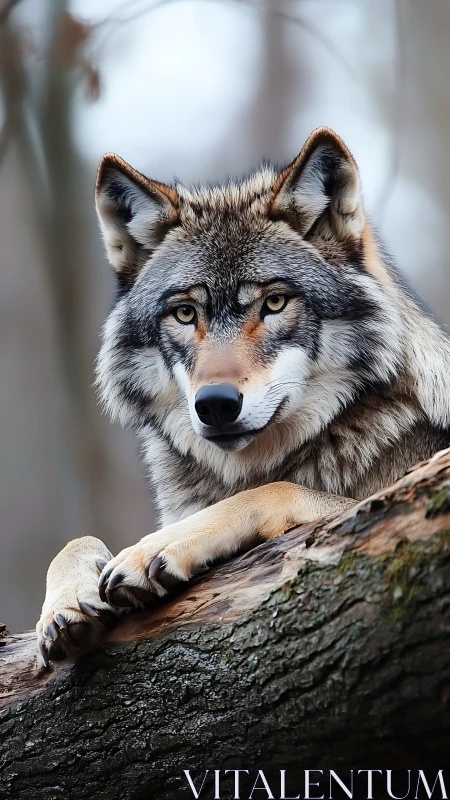 Grey wolf rests on mossy log with intense amber gaze.