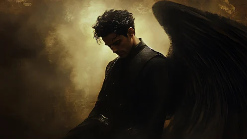 Fallen dusk seraph brooding in stormlit shadowed haze.