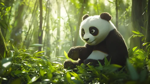 Curious panda enjoys a gentle playtime in sunny bamboo