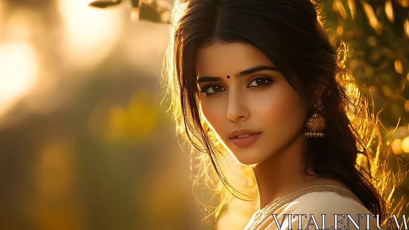 Sunlit portrait of woman in traditional attire gazing forward