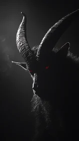 Horned demon silhouette with glowing red eyes in shadow.